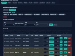 RepairAmigo other-parts inventory page with part-category badges, filters, and stock rows for phone components.
