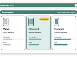 Diagram of three repair quote options labeled Value, Standard, and Premium, with warranty, part-quality, and price indicators.