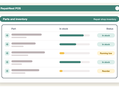 Diagram of a parts and inventory table with stock-level bars and statuses including In stock, Running low, and Reorder.