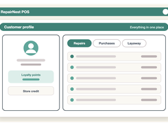 Diagram of a customer profile showing loyalty points, store credit, and tabs for repairs, purchases, and layaway.