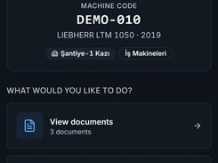 Mobile Reper Ops QR screen for machine code DEMO-010, with actions to view documents, report a fault, view fault history, and perform daily inspection.