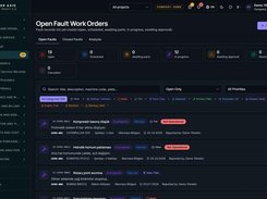 Reper Axis Open Fault Work Orders page with fault-status totals, filters, and listed equipment fault records.