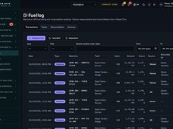 Reper Axis Fuel log page listing fuel transactions by date, machine, tank, liters, amount, hours, source, and recorder.
