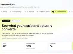 Every pre-sales conversation across your website, links, QR codes and widget, in one view. You can track total chats, conversion rate, converted and abandoned conversations, and improve the agent's knowledge from the same place.