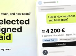 A visitor asks "How much, and how soon?" and the Reqme AI agent replies with a priced offer (≈ €4,200, 30% deposit, earliest date, measurement included). The client can view the offer, sign it and pay without leaving the conversation.