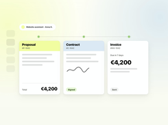 The agent turns each qualified conversation into a proposal, a contract for e-signature and an invoice, all linked in one client thread. Deposits are collected through Stripe, with EU-compliant e-invoicing.
