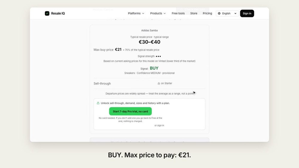 Desktop Resale IQ web interface showing an Adidas Samba resale-price range, €21 maximum buy price, BUY signal, locked sell-through section, and trial signup button.
