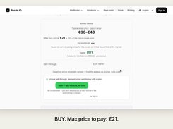 Desktop Resale IQ web interface showing an Adidas Samba resale-price range, €21 maximum buy price, BUY signal, locked sell-through section, and trial signup button.