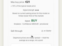 Mobile Resale IQ interface showing an Adidas Samba resale-price range of €30–€40, a maximum buy price of €21, a BUY signal, and a trial button.