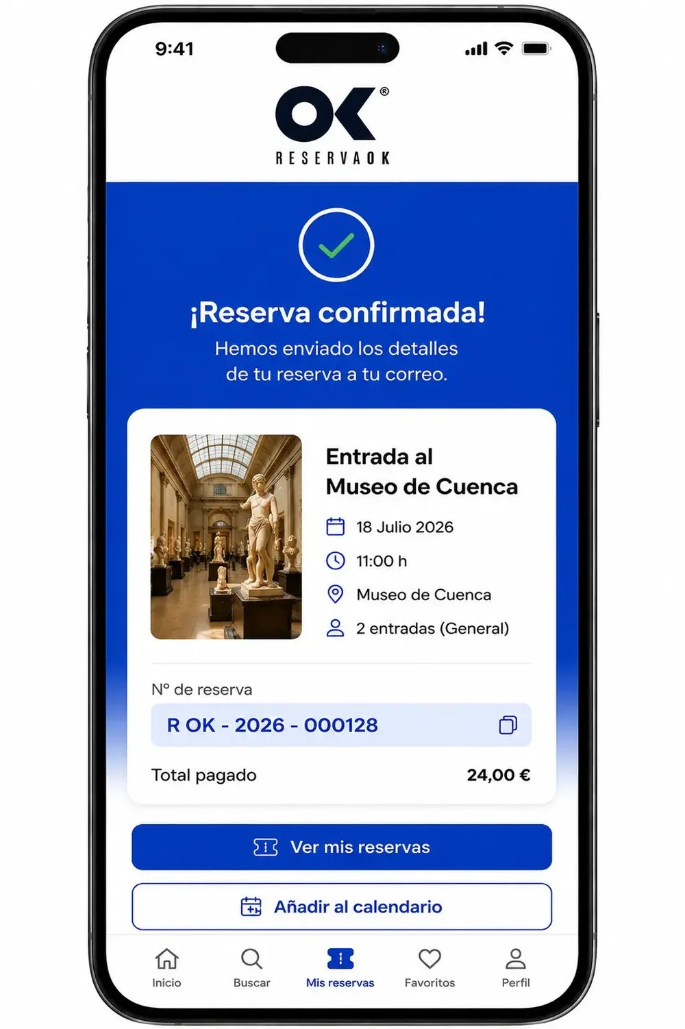 A Reserva OK mobile confirmation screen shows a confirmed Museo de Cuenca reservation, date and time, ticket quantity, paid total, and reservation-management buttons.