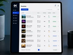 A tablet displays the Reserva OK Eventos dashboard, listing events with dates, ticket totals, sales, percentages, and publication statuses.