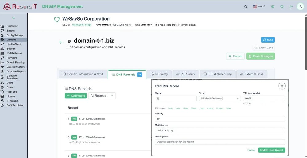 domain list with record edit