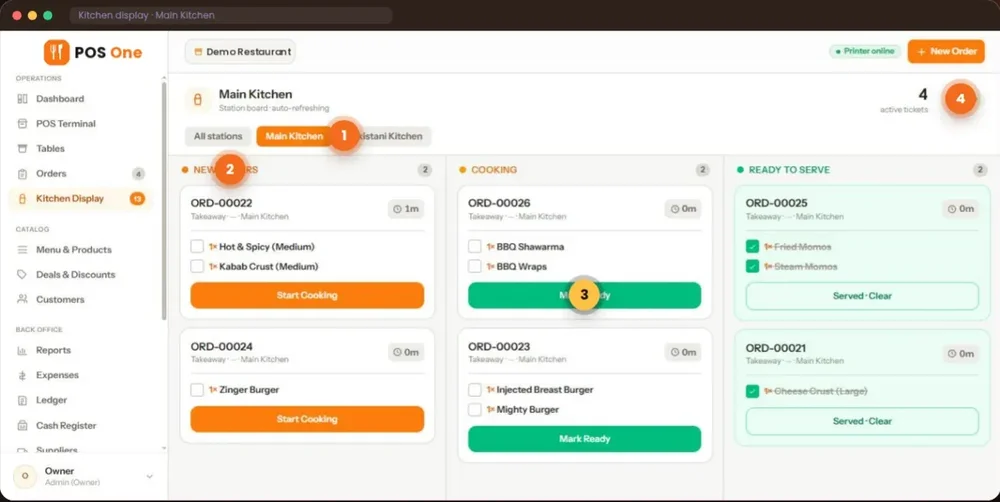 POS One kitchen display interface with order tickets organized into New Orders, Cooking, and Ready to Serve columns.