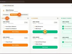 POS One kitchen display interface with order tickets organized into New Orders, Cooking, and Ready to Serve columns.