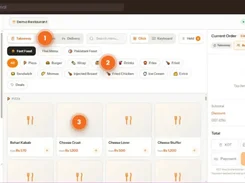 Restaurant POS terminal interface showing menu categories, food-item cards, an empty current order panel, and numbered feature callouts.