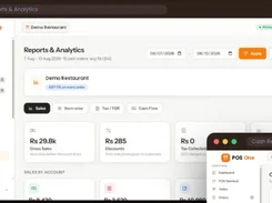 POS One Reports & Analytics dashboard showing date filters, sales summary cards, report tabs, export buttons, and a Cash Register interface inset.