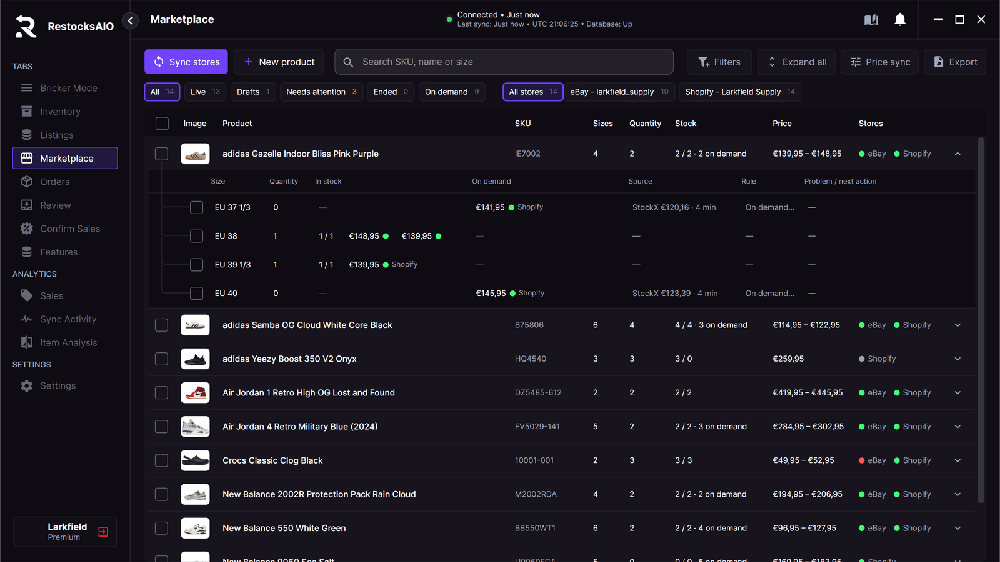 RestocksAIO Marketplace screen listing sneaker products with SKU, sizes, quantities, stock, prices, and eBay and Shopify store status.