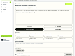 Product demonstration: review and edit a prepared reply, then copy it or open the original conversation for manual posting.