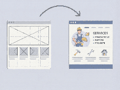 Illustrated before-and-after web-page layouts connected by an arrow; the resulting page is headed “SERVICES” and includes icons for renovations, repairs, and projects.