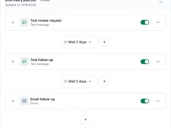 Campaign automation workflow titled “After every paid job,” with text review request, text follow-up, email follow-up, and wait steps.
