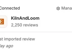 A Reviewsion connection card showing Etsy shop “KilnAndLoom,” 2,250 reviews, a connected status, and the last imported review time.