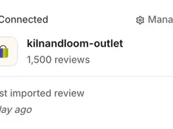 A Reviewsion connection card showing marketplace account “kilnandloom-outlet,” 1,500 reviews, a connected status, and the last imported review time.