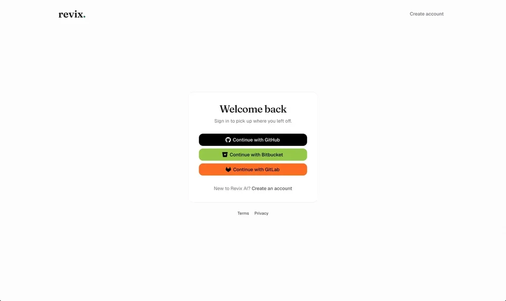 Revix sign-in page with buttons to continue with GitHub, Bitbucket, or GitLab and a link to create an account.