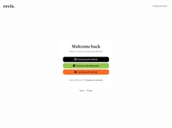 Revix sign-in page with buttons to continue with GitHub, Bitbucket, or GitLab and a link to create an account.