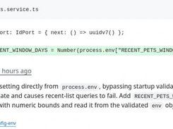 Code-review comment from revixappdev identifying direct process.env access and recommending validated configuration.