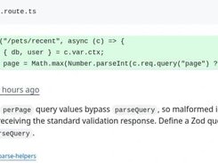 Code-review comment from revixappdev identifying unvalidated page and perPage query values in a highlighted route diff.