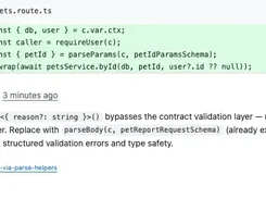 Code-review comment interface showing a highlighted TypeScript diff and a revixappdev bot finding about request-body validation.