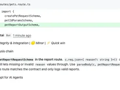 Code-review comment showing a highlighted TypeScript import and a coderabbitai bot recommendation to enforce a request schema.