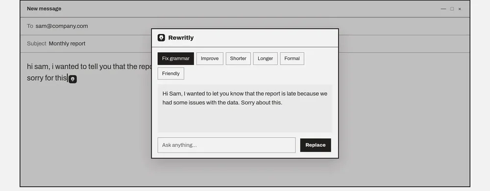 Email compose window with an open Rewritly panel offering Fix grammar, Improve, Shorter, Longer, Formal, and Friendly actions, plus revised message text and a Replace button.