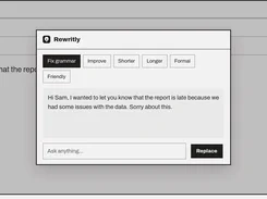 Email compose window with an open Rewritly panel offering Fix grammar, Improve, Shorter, Longer, Formal, and Friendly actions, plus revised message text and a Replace button.