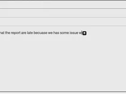 Email compose window addressed to sam@company.com with a monthly report subject and an unfinished message; a small Rewritly-style icon appears beside the text cursor.