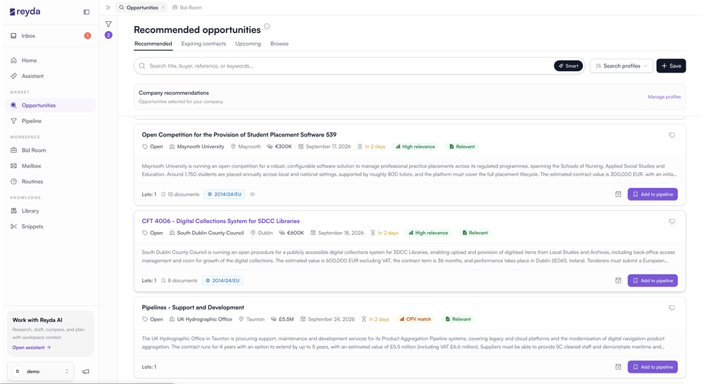 Tender discovery: recommended opportunities matched to company capabilities.
