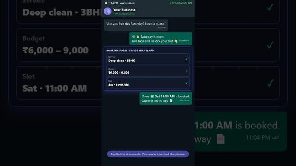 Vertical phone screen showing a WhatsApp booking conversation and an in-chat booking form for a deep-cleaning service.