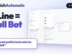 RichAutomate graphic showing a visual bot-flow builder with connected configuration panels and message nodes.