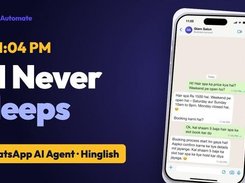 Promotional graphic showing a phone mockup with a WhatsApp conversation for Glams Salon and the headline “AI Never Sleeps.”