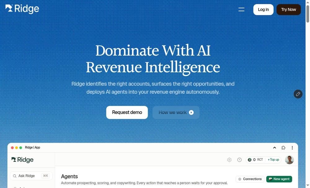 Ridge landing page showing the Agents workspace preview.