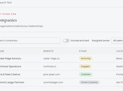 Track companies, websites, locations, relationship stages, and ownership alongside the contacts associated with each organization.