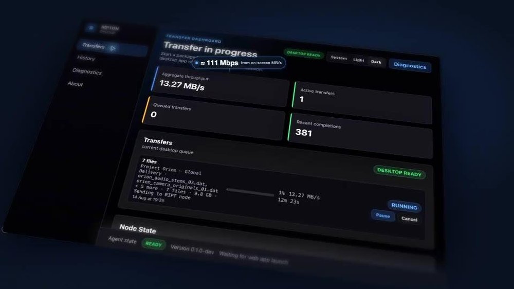 Dark-mode Ripton Cloud web interface for sending a package, with recipient, title, file upload area, attached file row, and sidebar navigation for Send files, Packages, Settings, and Admin.