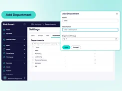RiskSmart Settings page with a Departments list and an “Add Department” dialog containing name, description, and department-group fields.