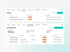 RiskSmart risk-record interface showing Causes and Consequences tabs, including significance, cost, customer-impact, and criticality fields.