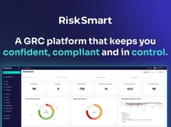 RiskSmart promotional graphic showing the product dashboard beneath the text “A GRC platform that keeps you confident, compliant and in control.”