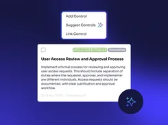 RiskSmart interface graphic showing an “Add Control” menu with “Suggest Controls” and an AI-created control recommendation titled “User Access Review and Approval Process.”