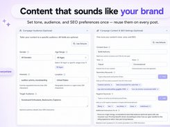 Audience, content goal, tone, voice, keywords and negative keywords, saved as Brand Defaults and reused on every post.