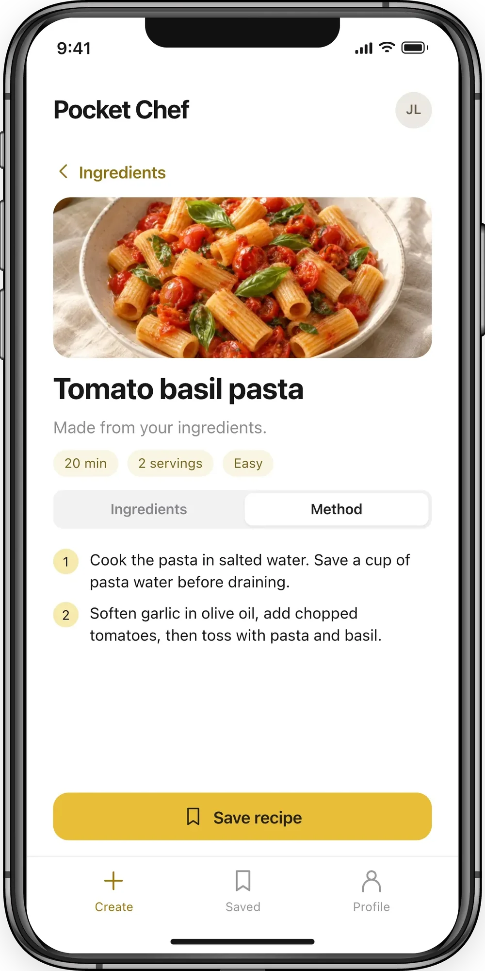 Pocket Chef recipe screen for tomato basil pasta with cooking steps and save action.