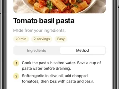 Pocket Chef recipe screen for tomato basil pasta with cooking steps and save action.