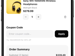 Shopping cart with jeans and headphones, coupon entry, order summary, and checkout action.